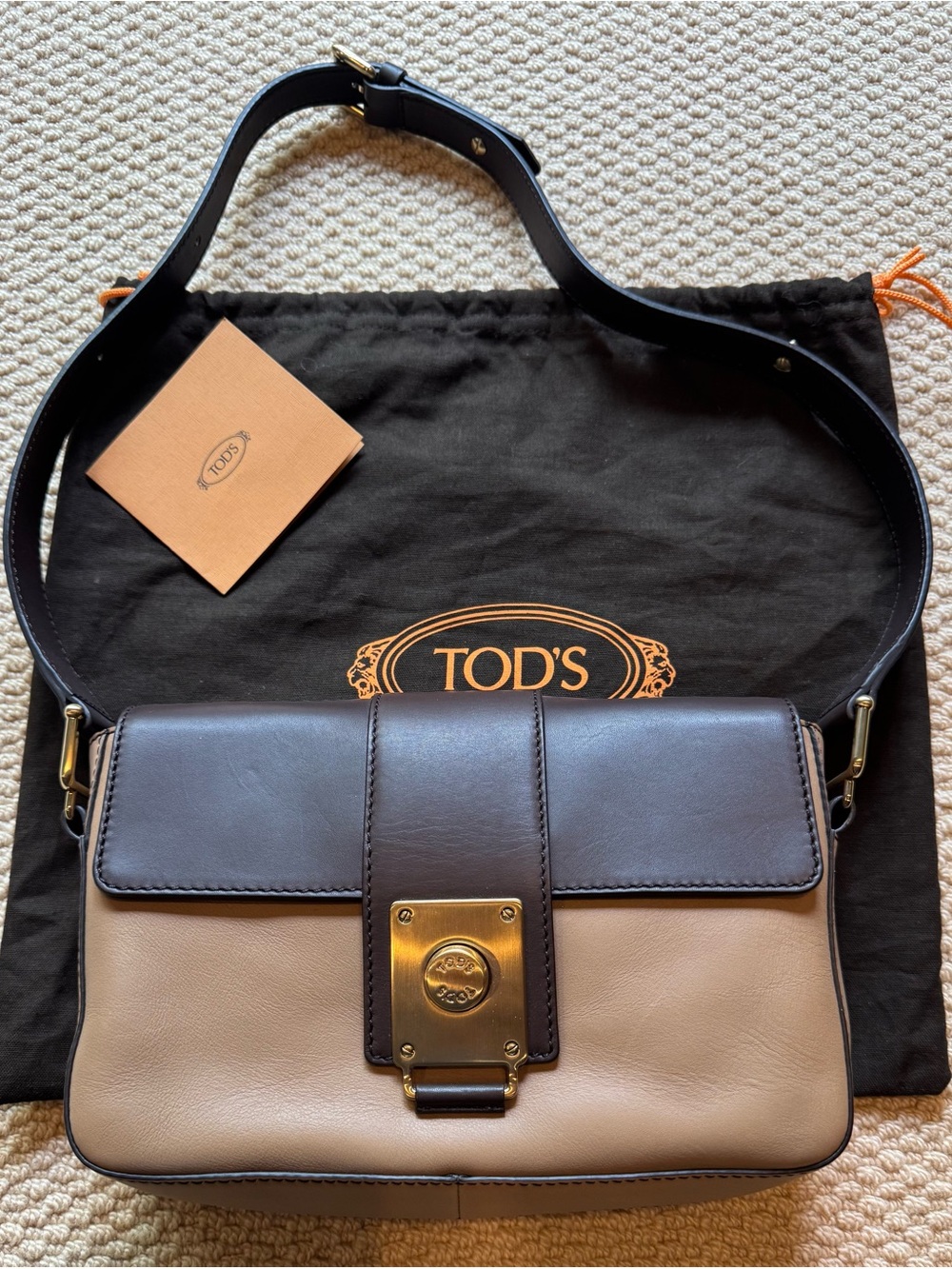TOD'S Two-Tone Beige and Dark Brown Leather Shoulder Bag with Gold Hardware